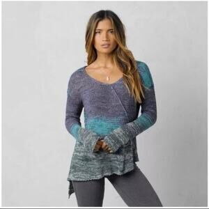 Prana Vignette Sweater Asymmetrical Knit Top Green Blue Purple V-Neck sz Medium